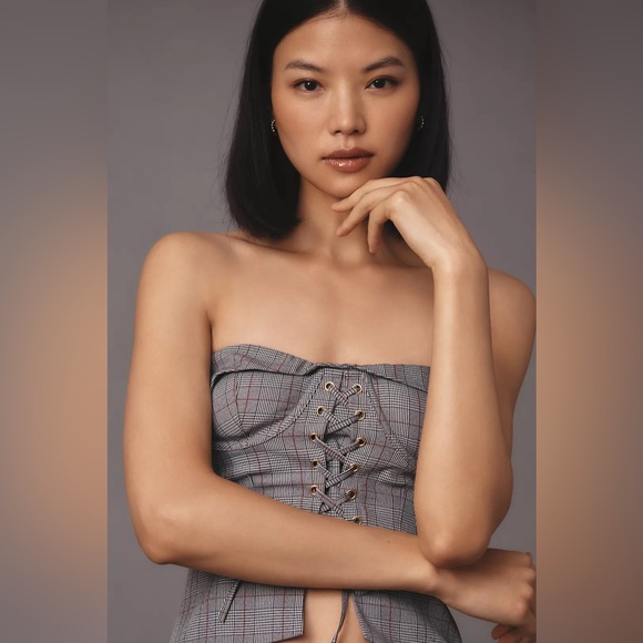 Anthropologie Plaid Lace Corset Top - Picture 4 of 11